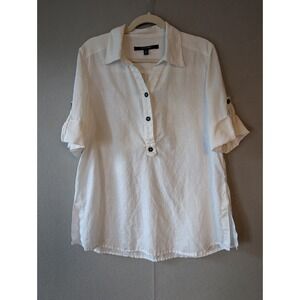 Women's Tunic Top L White Linen Button Up Roll Tab Lagenlook Coupe Collection